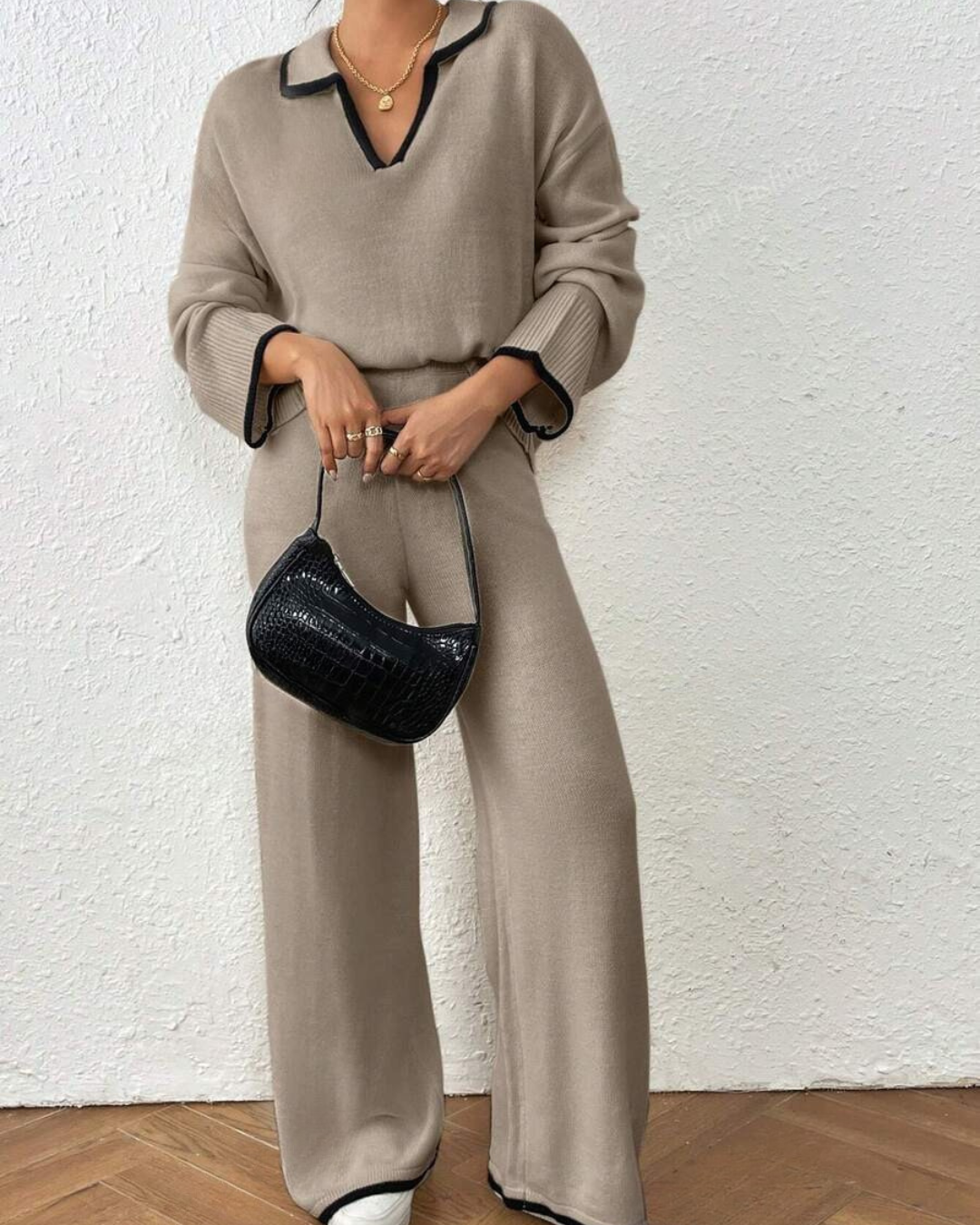 2-Piece Jersey and Trousers Set with Contrast Color Finish