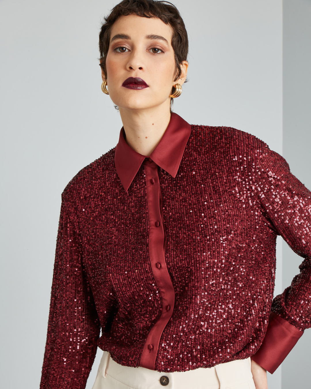 Women's Glitter Sequin Collar Party Shirt