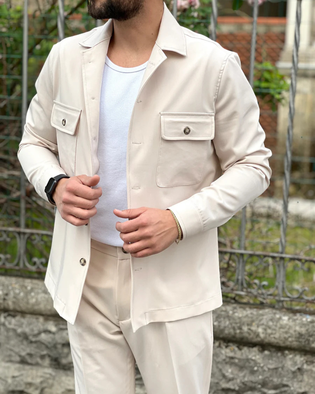 Men's Casual Neutral-Tone Jacket and Pants Set