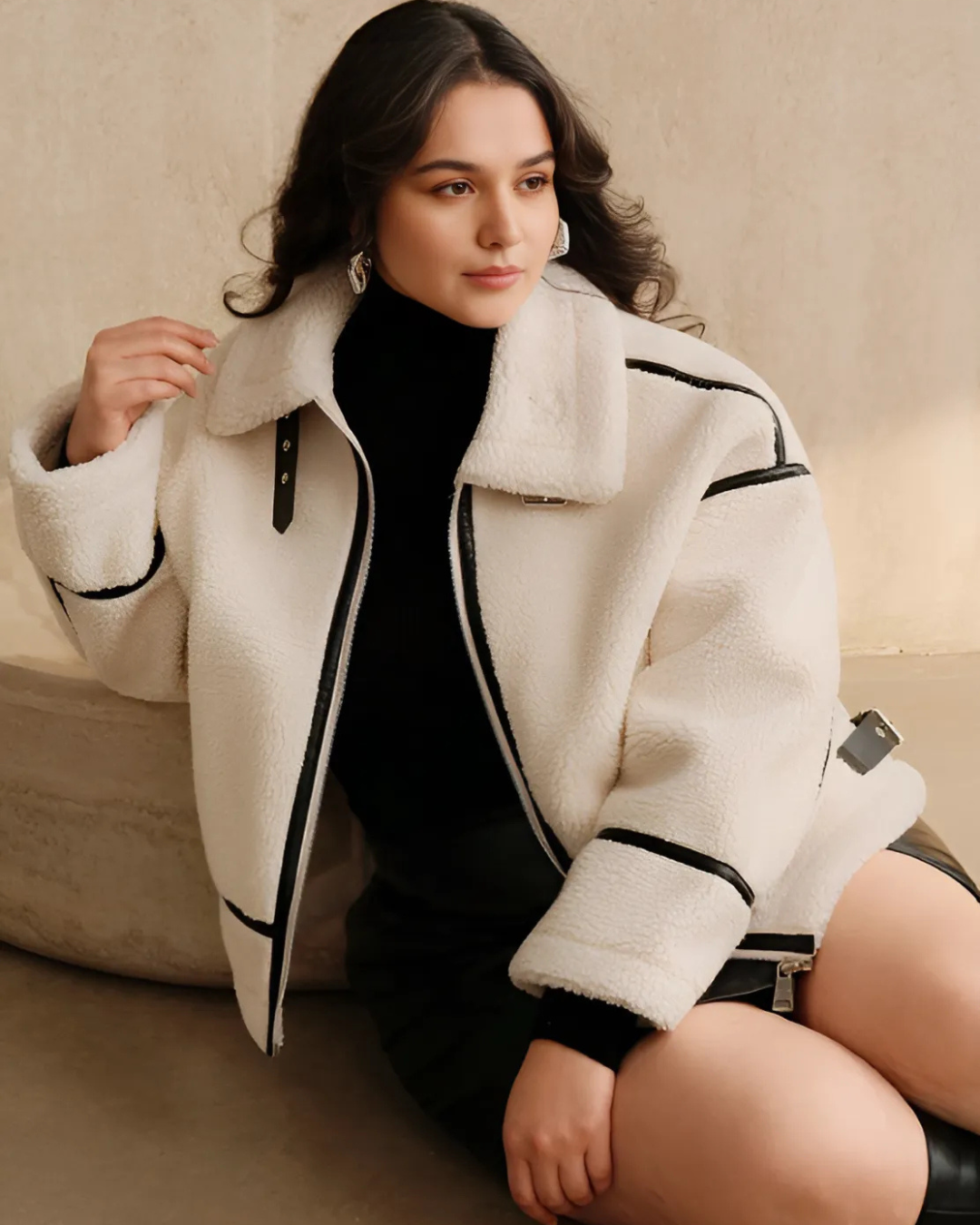 Women's Coat with Leather Details