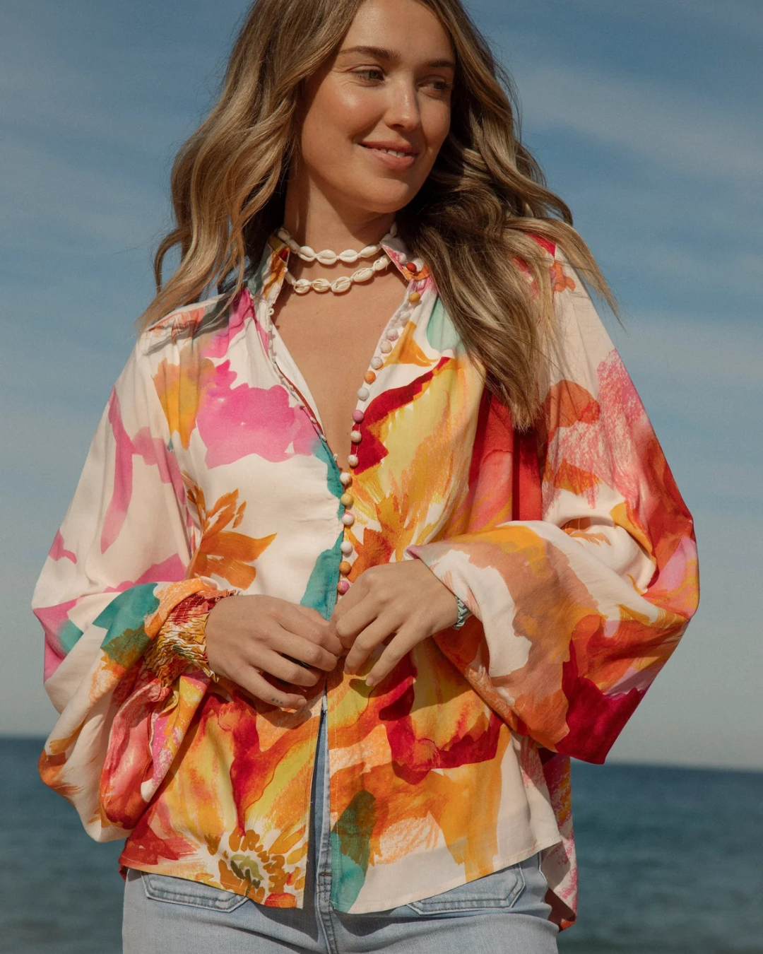 Loose V-neck Blouse with Long Sleeves