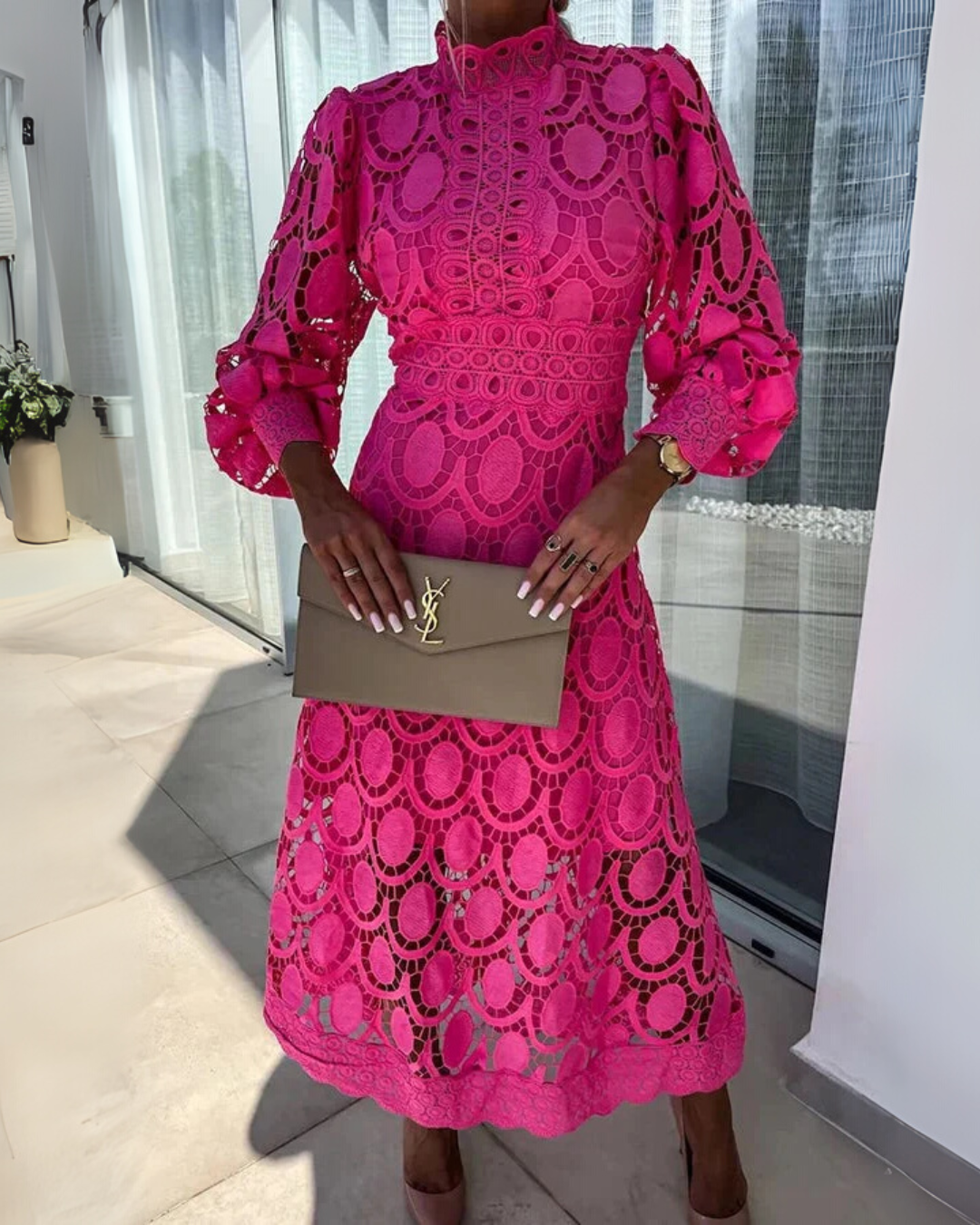 Long lace dress with lantern sleeves