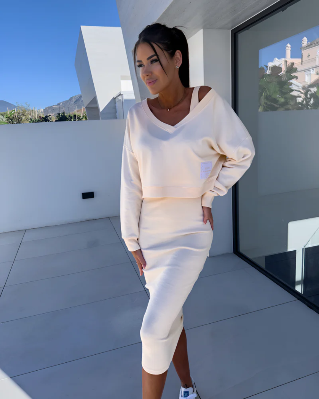 Dress and Cropped V-Neck Sweater Set