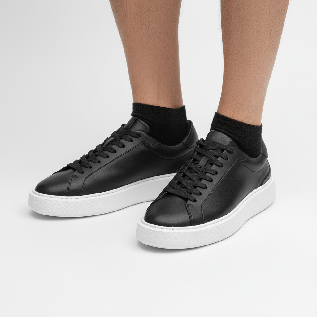 Men's Black Leather Casual Trainers