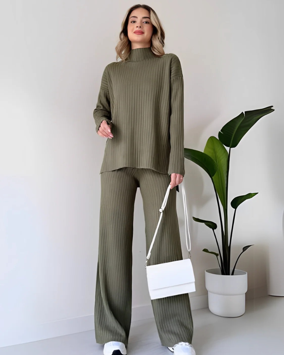 Women's Ribbed Turtleneck Sweater and Wide Leg Pants Set