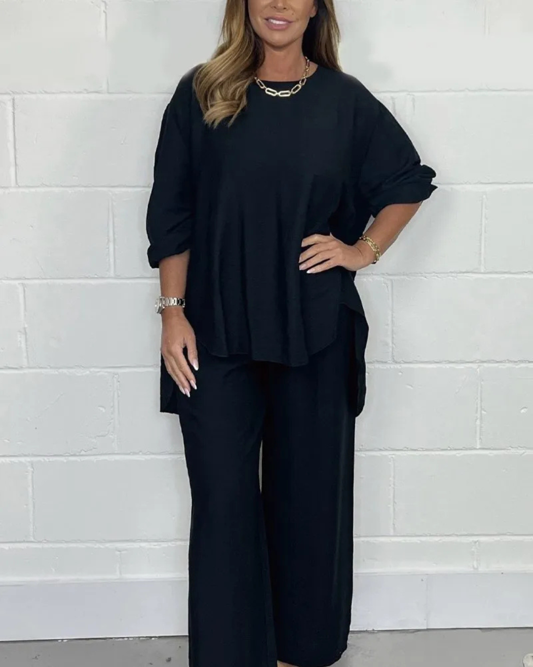 Women's Casual Set with Asymmetrical Blouse and Wide-Leg Pants