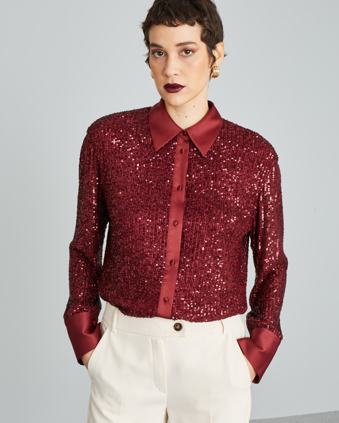 Women's Glitter Sequin Collar Party Shirt