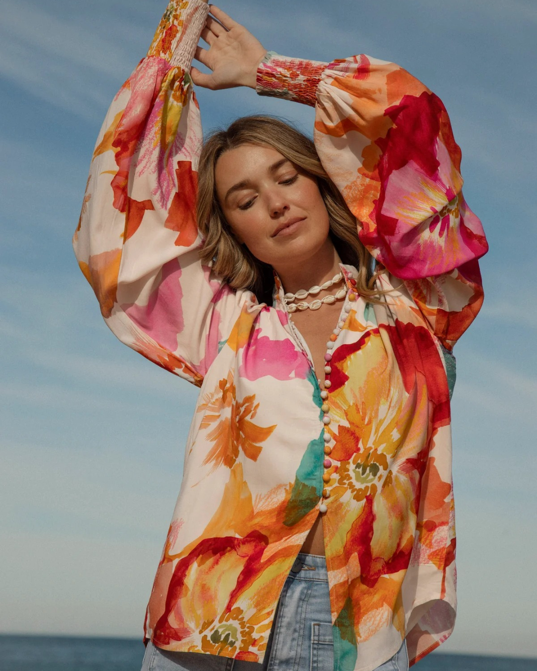 Loose V-neck Blouse with Long Sleeves