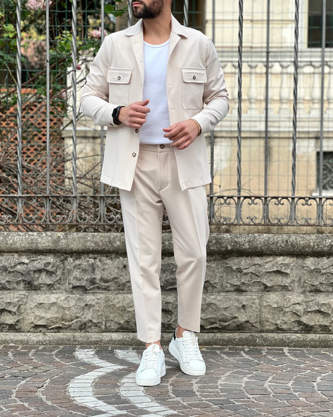 Men's Casual Neutral-Tone Jacket and Pants Set