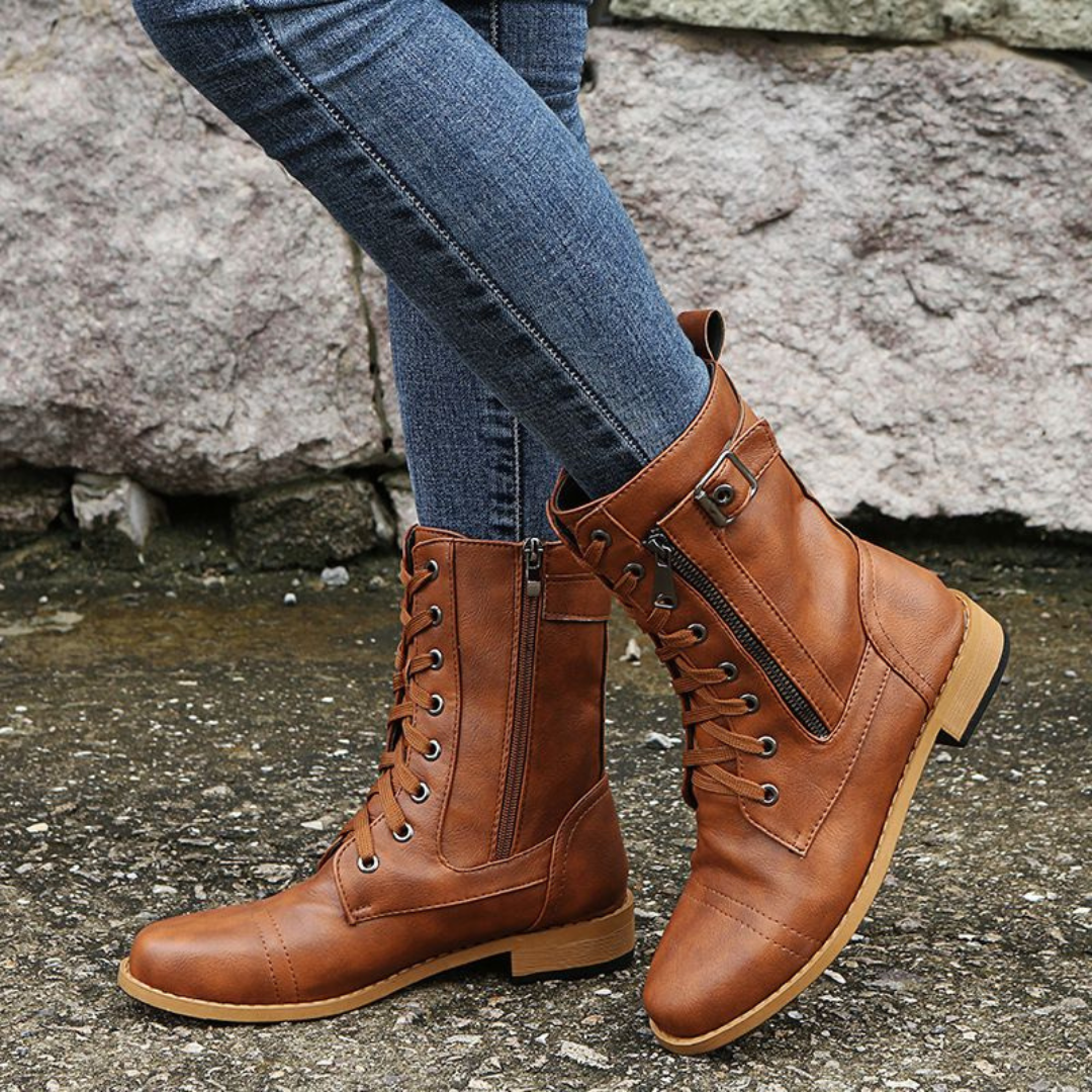 Mid-calf boots with adjustable fastening and decorative laces for women