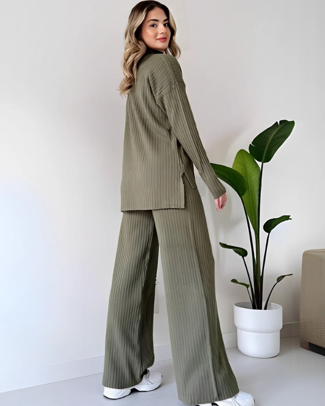 Women's Ribbed Turtleneck Sweater and Wide Leg Pants Set