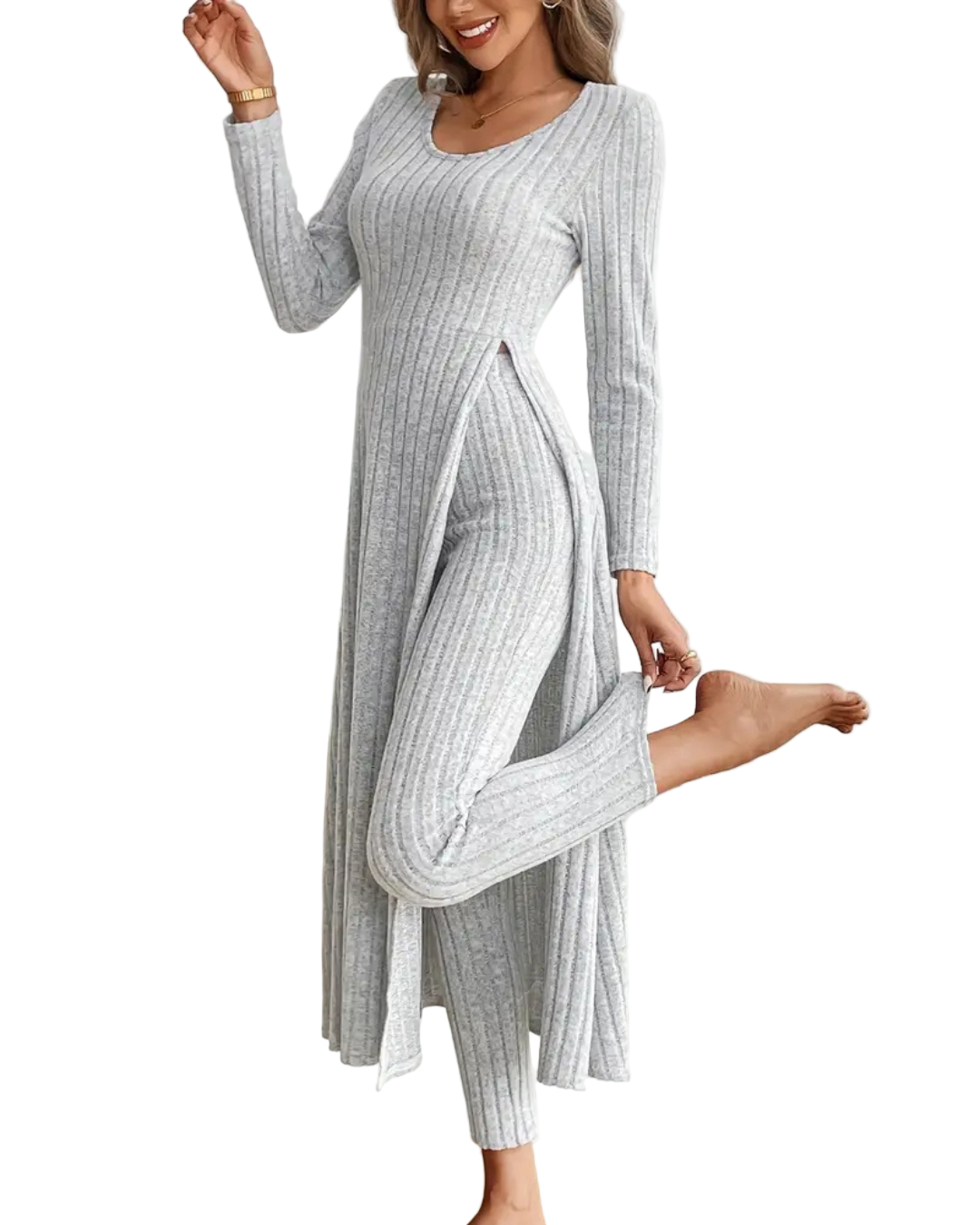 Two-piece set with long-sleeved round-neck shirt and trousers for women