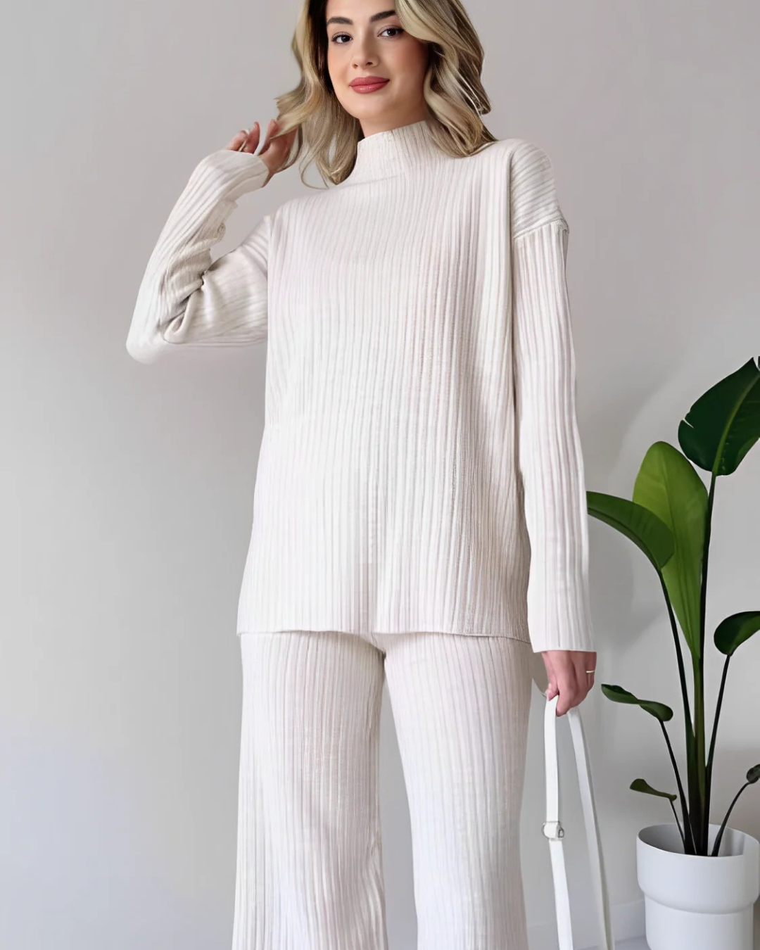 Women's Ribbed Turtleneck Sweater and Wide Leg Pants Set