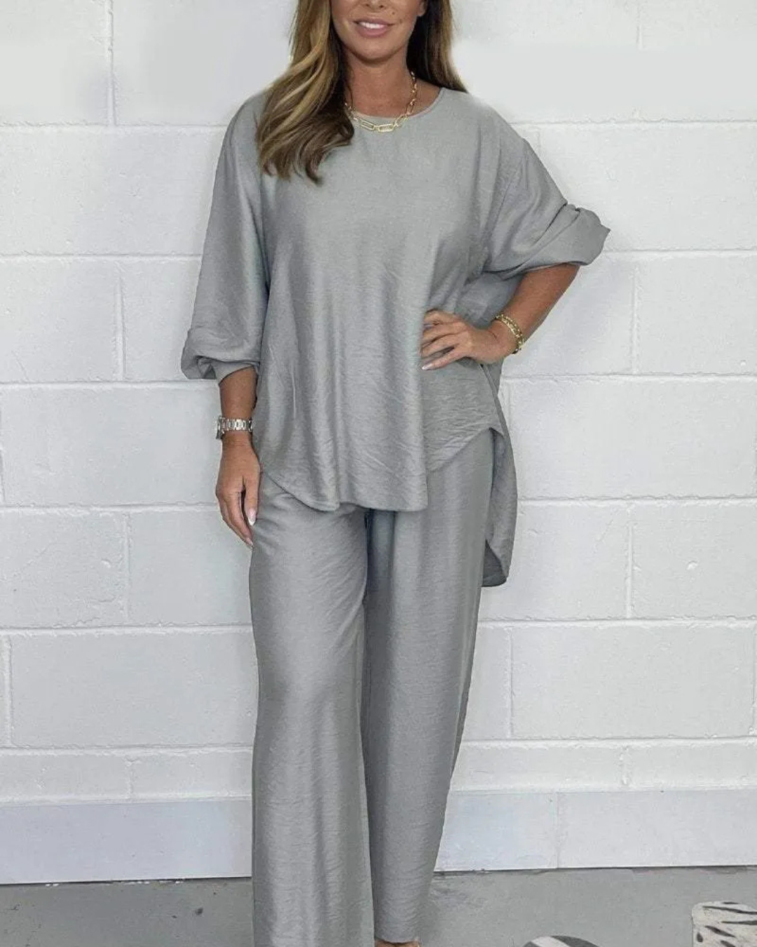 Women's Casual Set with Asymmetrical Blouse and Wide-Leg Pants