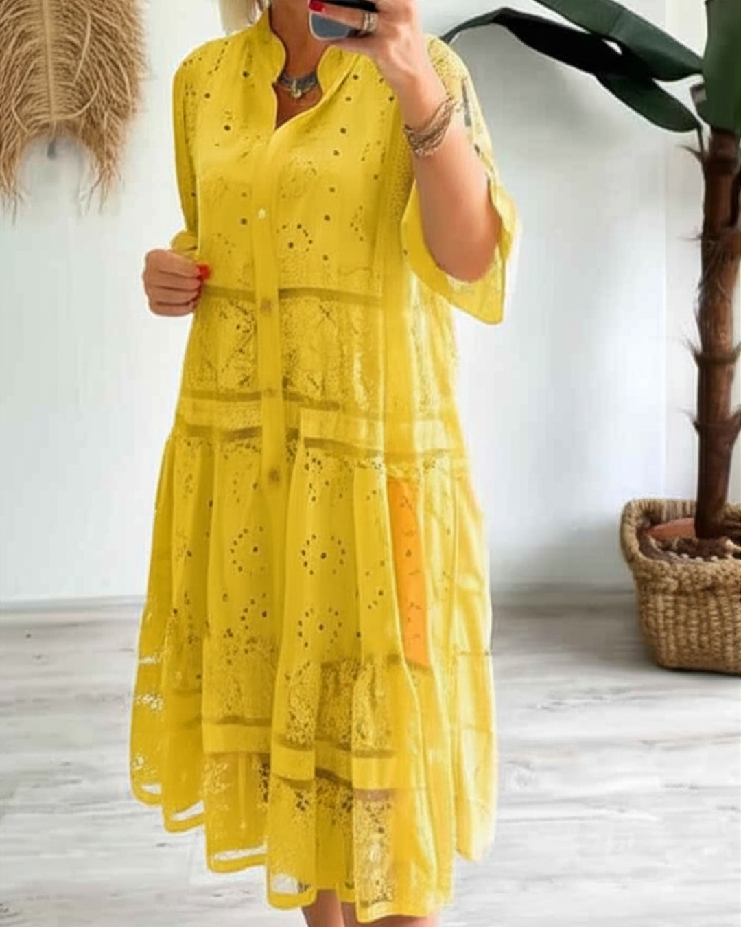 Lace dress with sleeves and front buttons