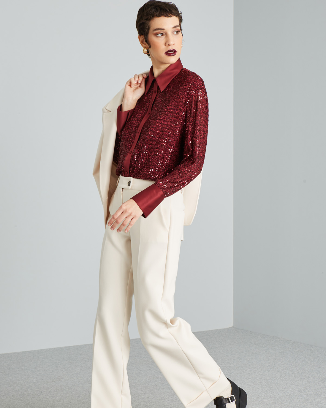 Women's Glitter Sequin Collar Party Shirt