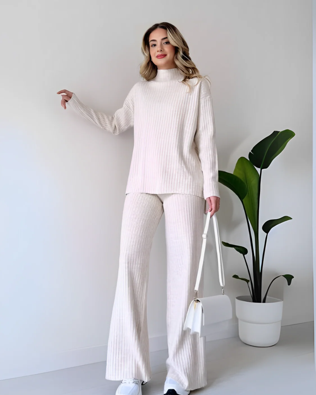 Women's Ribbed Turtleneck Sweater and Wide Leg Pants Set