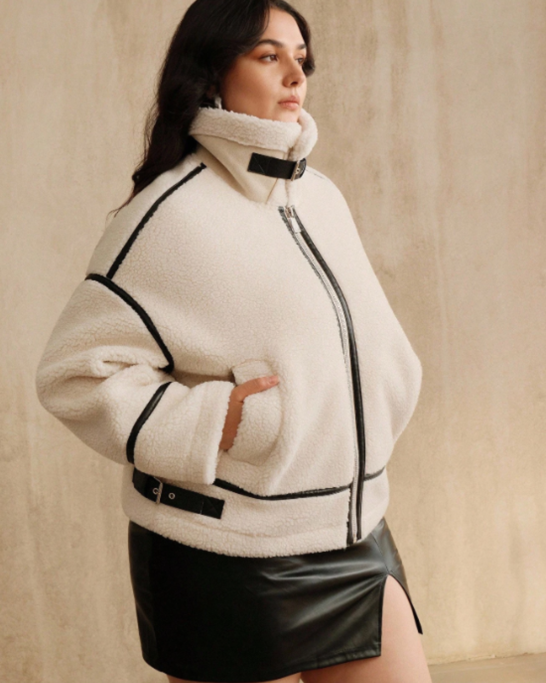 Women's Coat with Leather Details