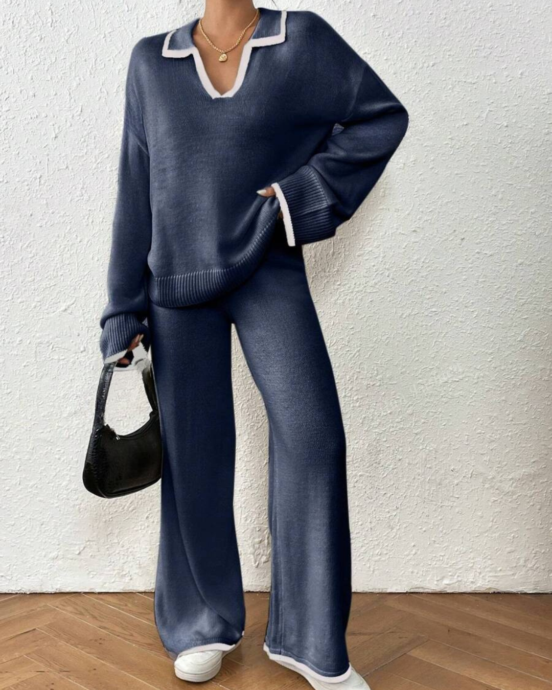 2-Piece Jersey and Trousers Set with Contrast Color Finish