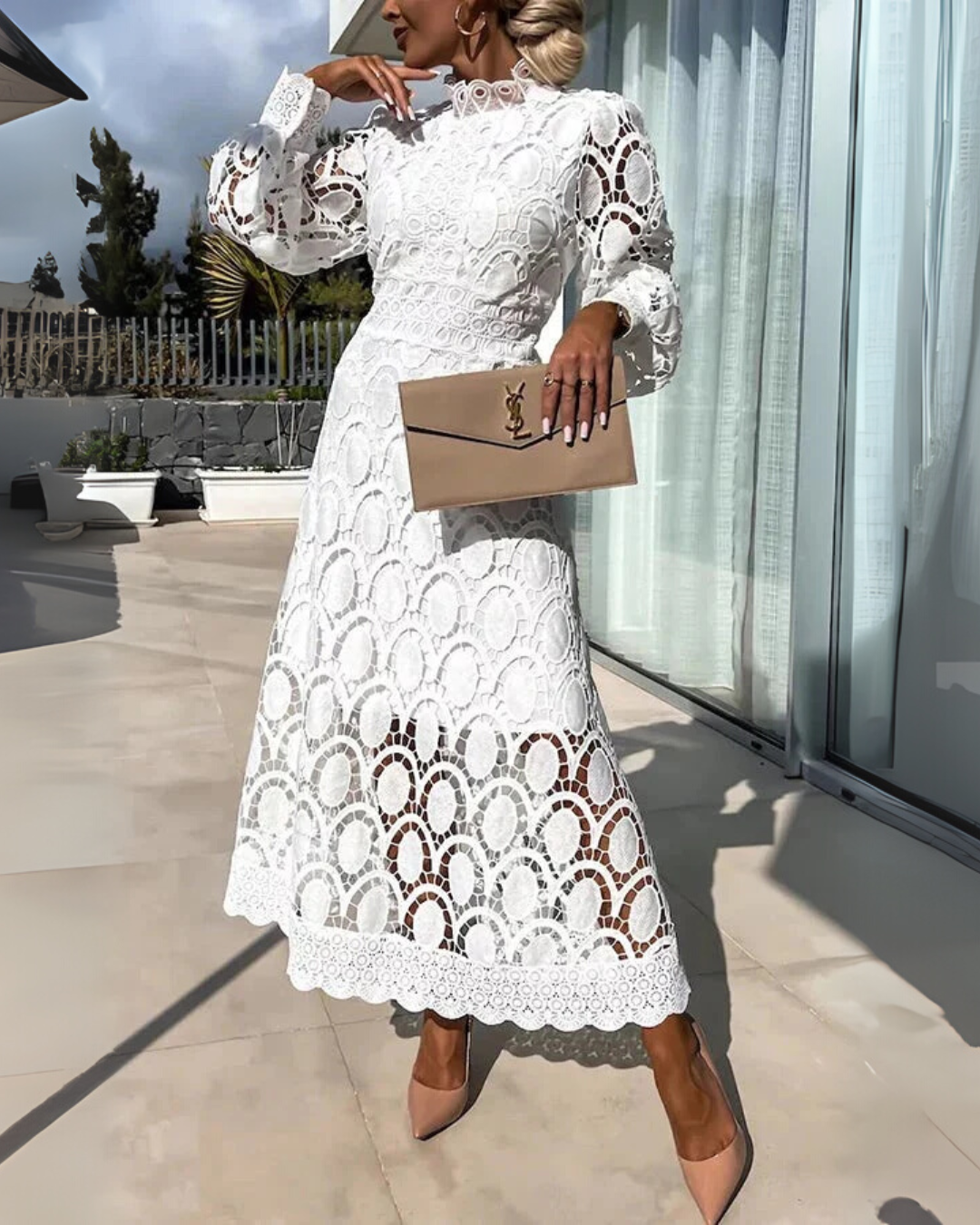 Long lace dress with lantern sleeves