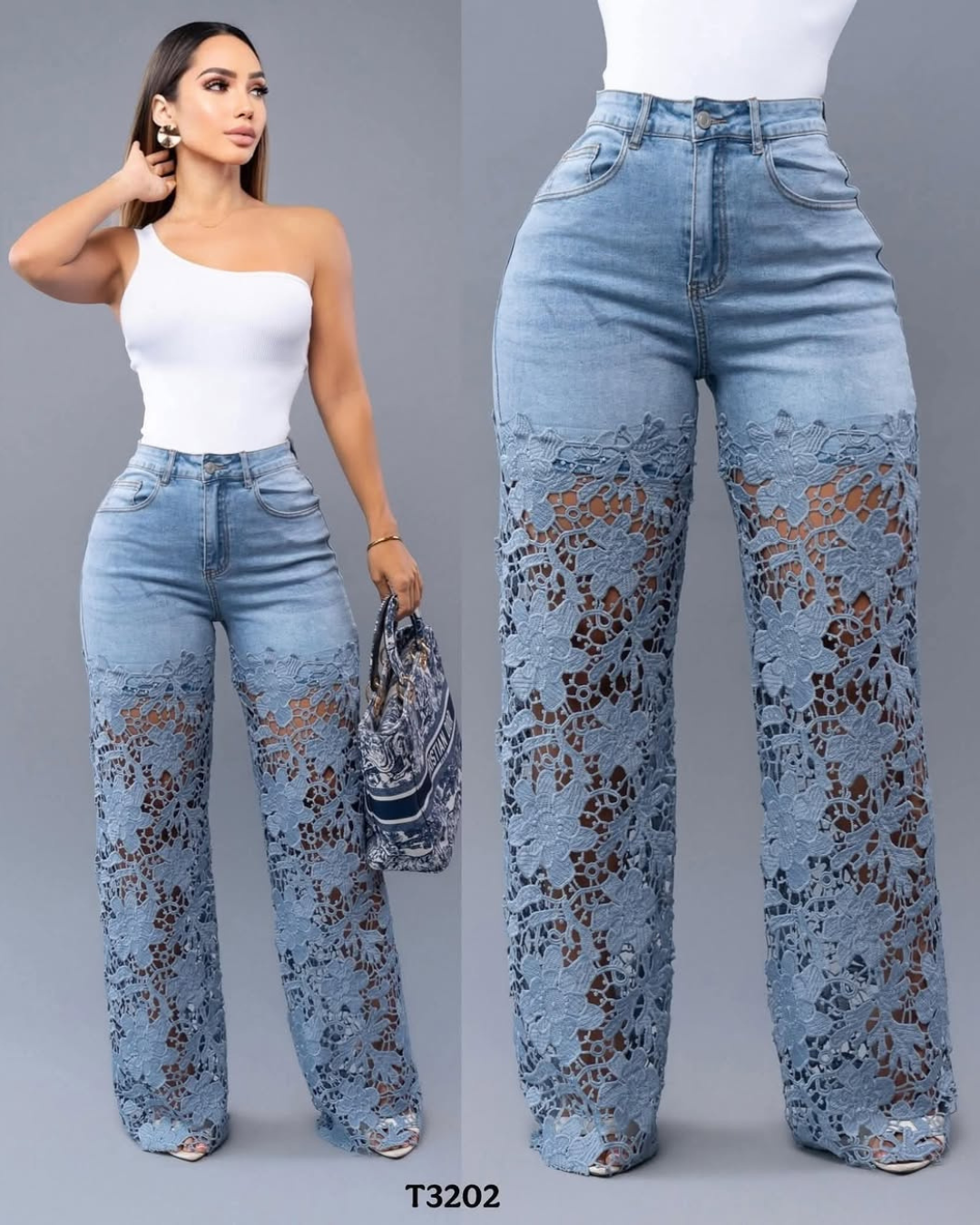 Women's jeans with floral lace on the legs