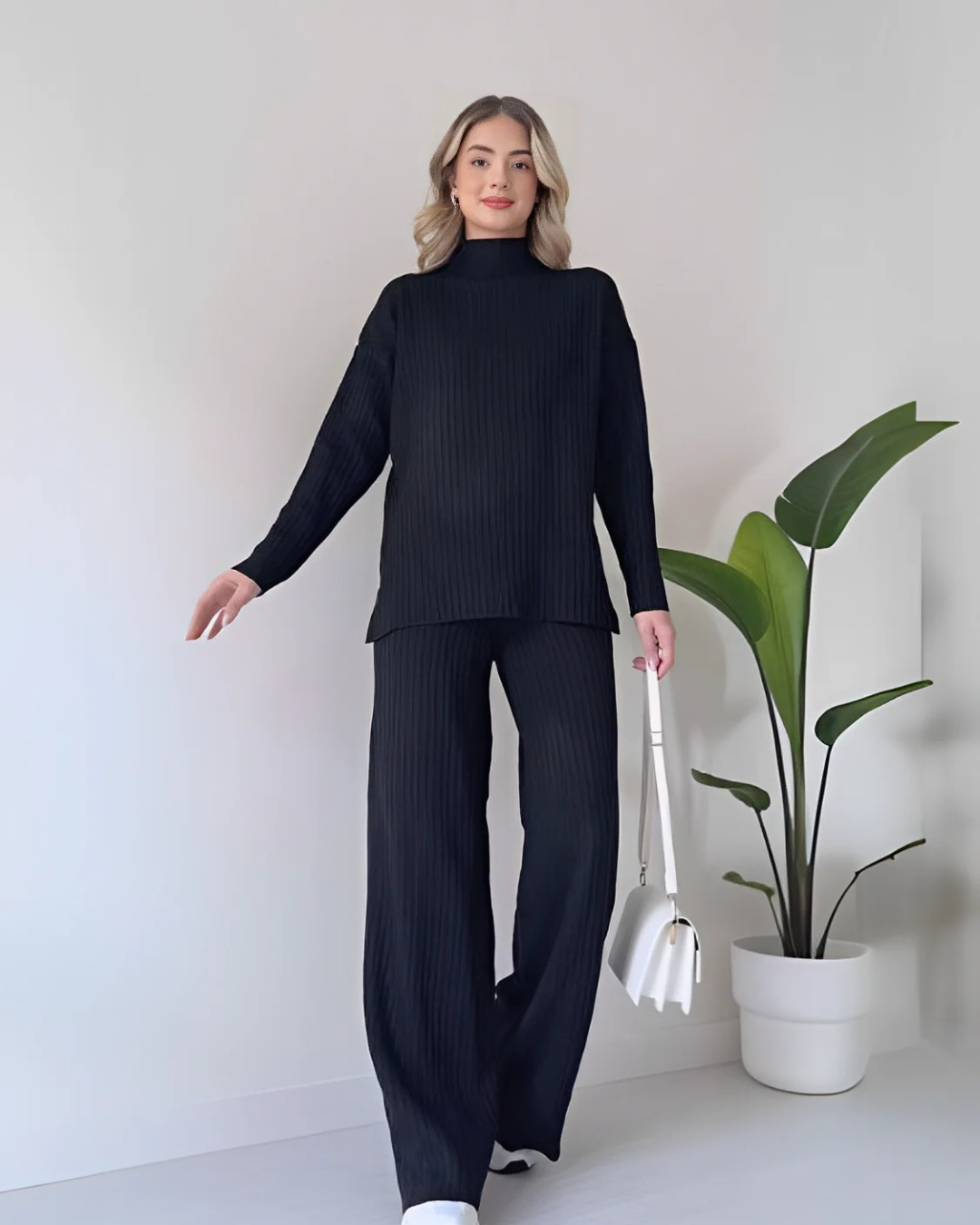 Women's Ribbed Turtleneck Sweater and Wide Leg Pants Set