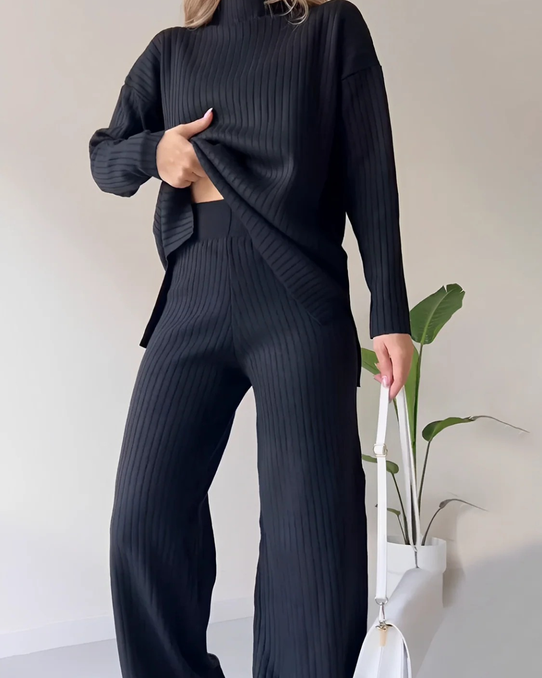 Women's Ribbed Turtleneck Sweater and Wide Leg Pants Set