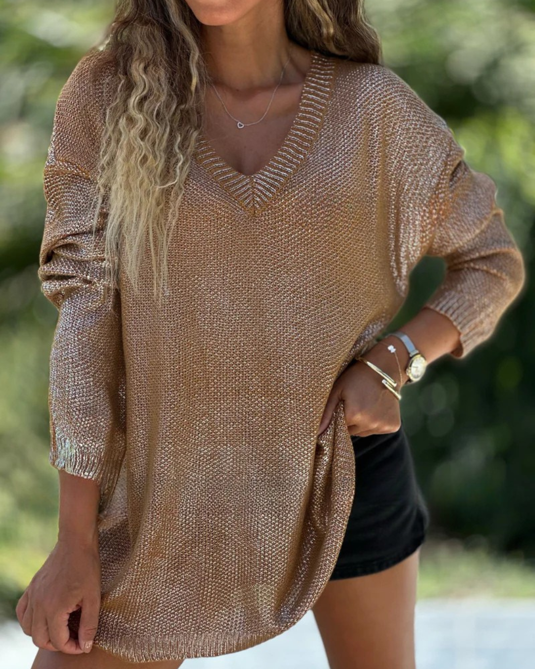Women's Shiny V-Neck Knit Sweater