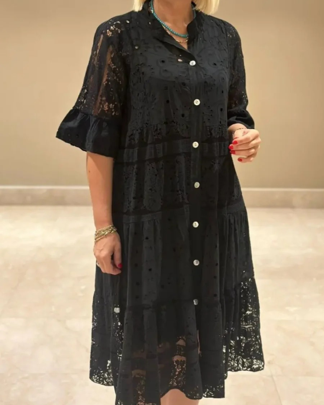 Lace dress with sleeves and front buttons