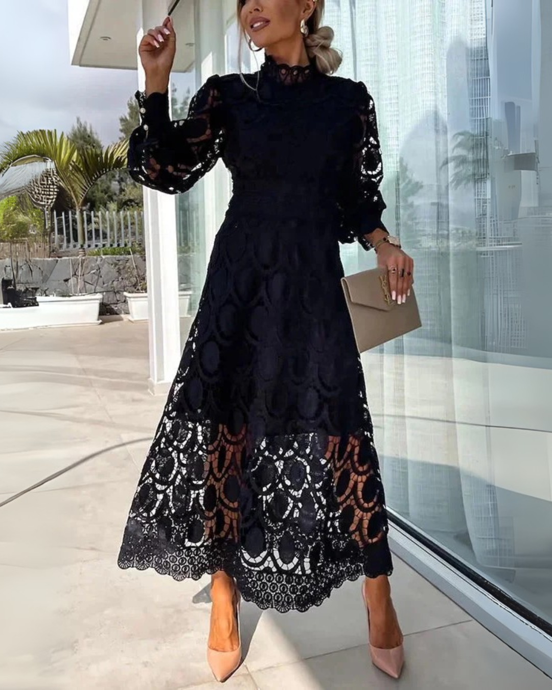 Long lace dress with lantern sleeves