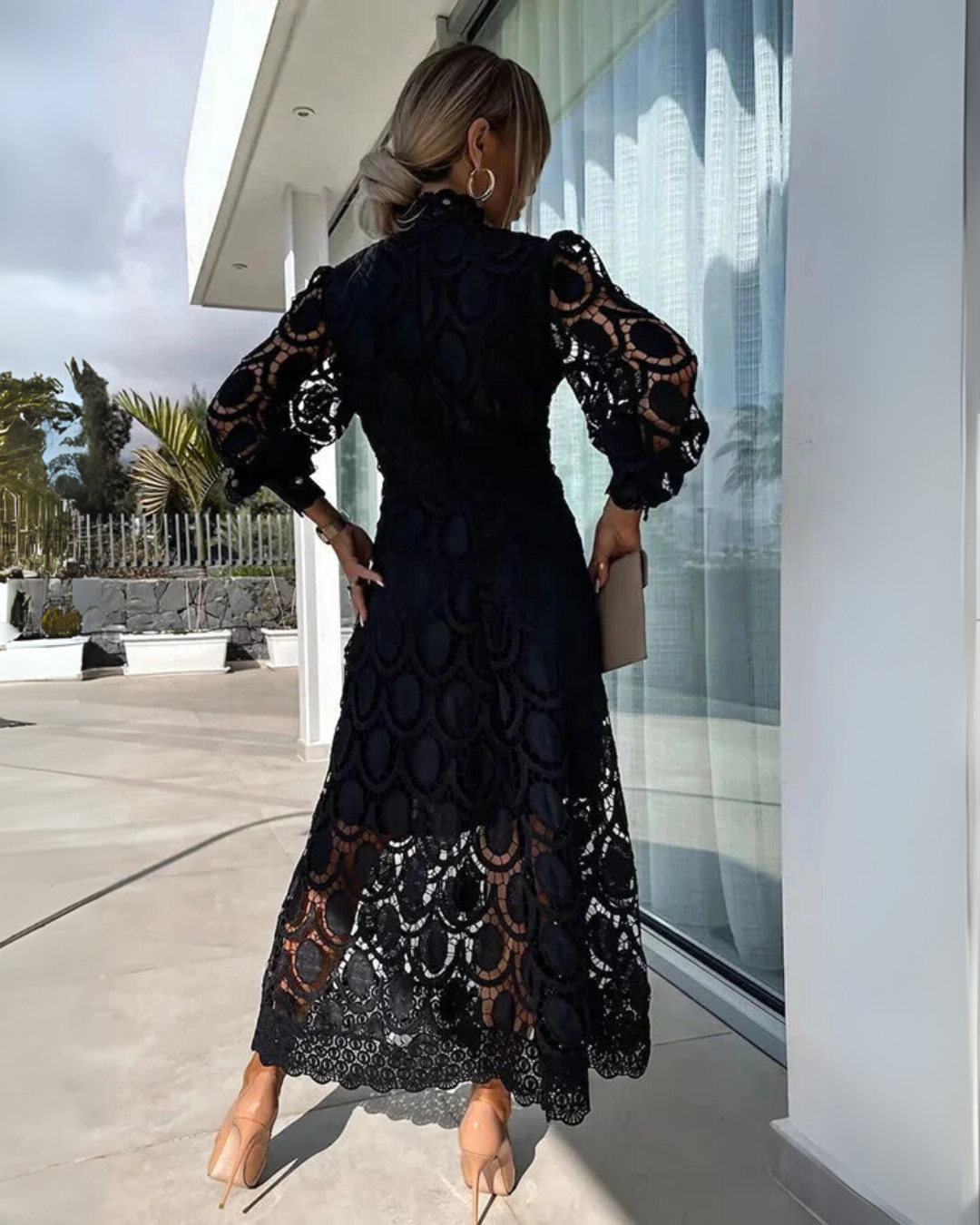 Long lace dress with lantern sleeves