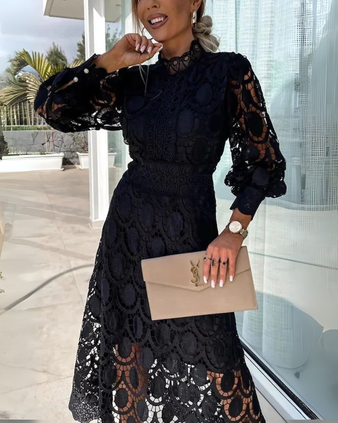 Long lace dress with lantern sleeves