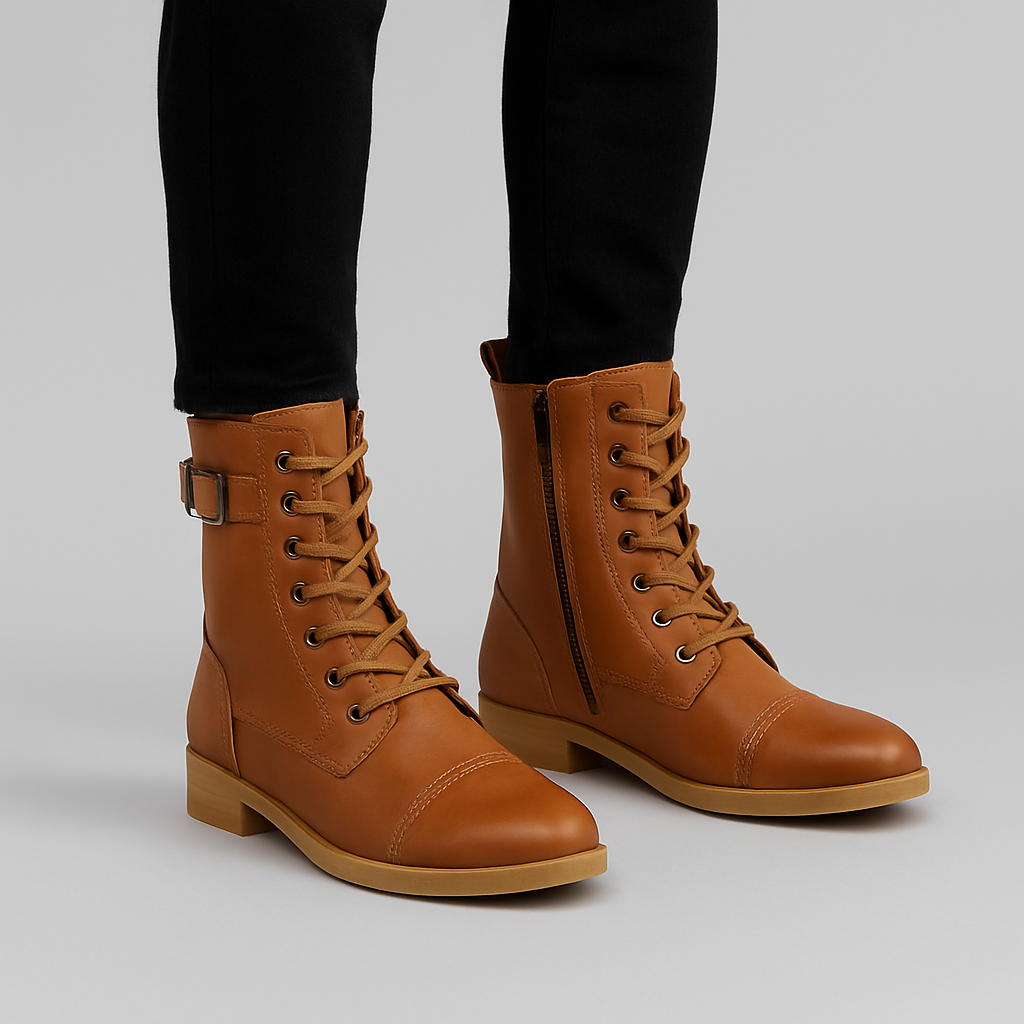 Mid-calf boots with adjustable fastening and decorative laces for women