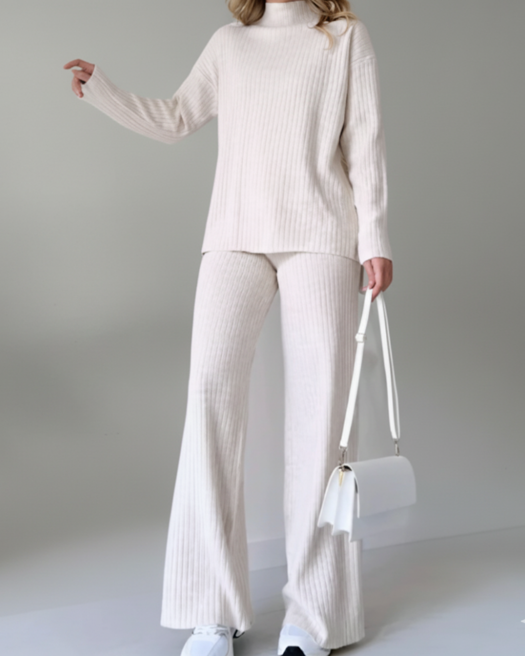 Women's Ribbed Turtleneck Sweater and Wide Leg Pants Set