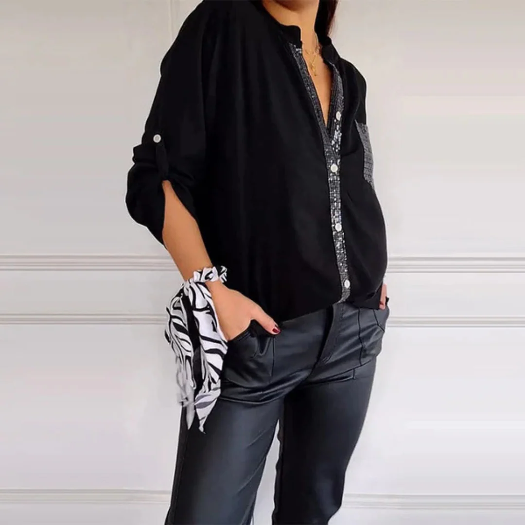 Chic Long Sleeve Shirt with Sequin Embellishments and Chest Pocket