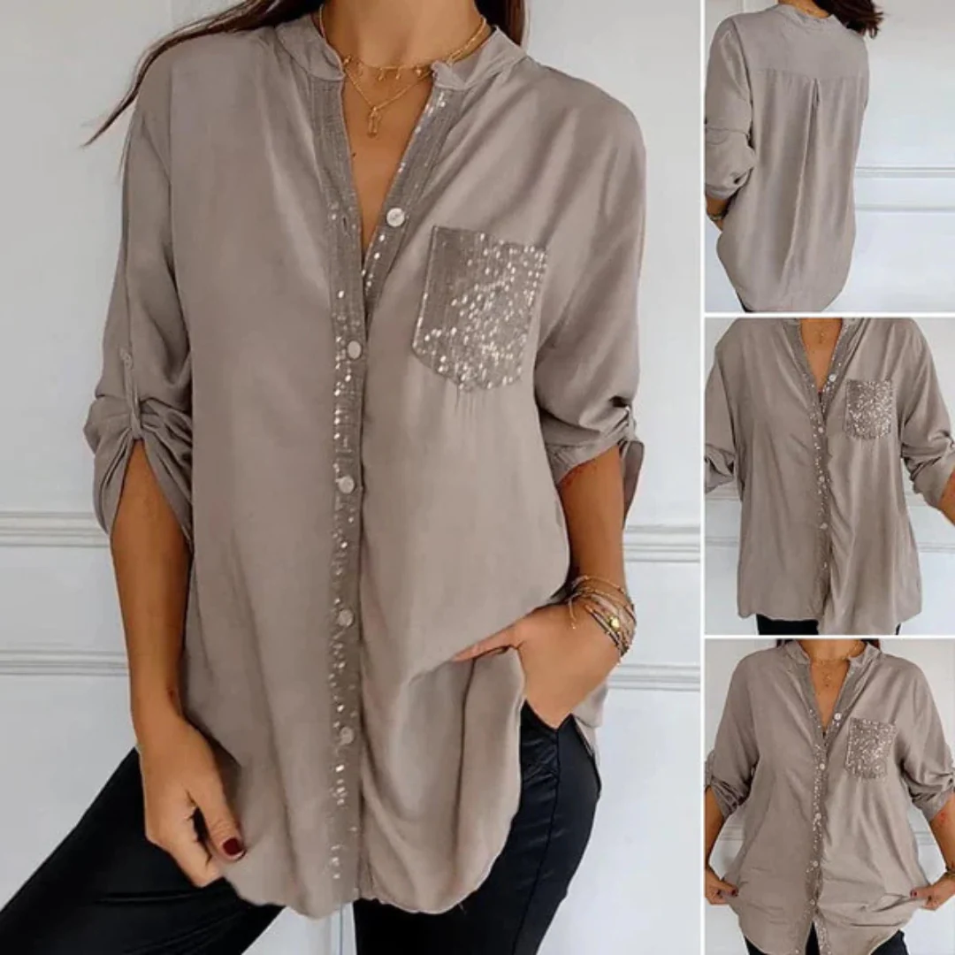 Chic Long Sleeve Shirt with Sequin Embellishments and Chest Pocket