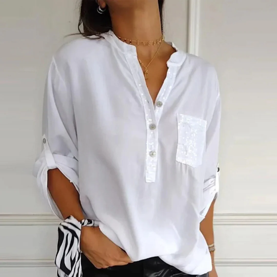 Chic Long Sleeve Shirt with Sequin Embellishments and Chest Pocket