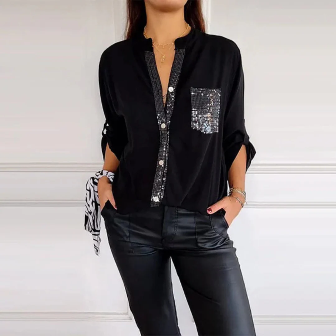 Chic Long Sleeve Shirt with Sequin Embellishments and Chest Pocket